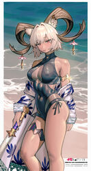  absurdres animal_ears arknights bare_shoulders beach black_one-piece_swimsuit breasts carnelian_(arknights) carnelian_(shimmering_dew)_(arknights) casual_one-piece_swimsuit cleavage_cutout clothing_cutout constant_qiu covered_navel covered_nipples dark-skinned_female dark_skin feet_out_of_frame female goat_ears goat_girl goat_horns highres holding holding_sword holding_weapon horn_ornament horns jacket large_breasts looking_at_viewer off_shoulder official_alternate_costume one-piece_swimsuit open_clothes open_jacket outdoors red_eyes sand short_hair solo swimsuit sword thigh_strap thighs water weapon white_hair white_jacket 