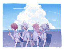  2boys ahoge bag blue_eyes blue_sky cloud commentary contrail cumulonimbus_cloud day female flower_(vocaloid) flower_(vocaloid3) food from_side fukase grey_pants grey_skirt holding holding_food long_hair looking_at_viewer mi_no_take multicolored_hair multiple_boys ocean outdoors pants pink_hair popsicle popsicle_stick purple_eyes purple_hair red_hair school_bag school_uniform sf-a2_miki shirt short_hair short_sleeves shoulder_bag skirt sky streaked_hair symbol-only_commentary upper_body utatane_piko vocaloid walking white_hair white_shirt 