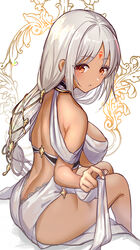  ass azur_lane back bare_shoulders blush body_markings breasts cocktail_dress dark_skin dress evening_gown facial_mark female forehead_mark halter_dress halterneck large_breasts long_hair looking_at_viewer looking_back massachusetts_(azur_lane) massachusetts_(dressed_to_impress)_(azur_lane) official_alternate_costume orange_eyes sitting thighs white_dress white_hair yoruhachi 