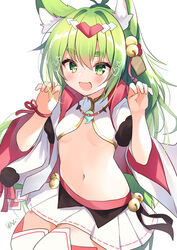  :d absurdres animal_ear_fluff animal_ears azur_lane bell breasts claw_pose commentary_request commission cowboy_shot crop_top female gold_trim green_eyes green_hair hair_ornament hands_up highres isokaze_(azur_lane) isokaze_(new_year&#039;s_campaign)_(azur_lane) jewelry jingle_bell long_hair long_sleeves looking_at_viewer magatama magatama_necklace midriff miniskirt navel necklace nenobi_(nenorium) open_mouth pleated_skirt shirt signature simple_background skeb_commission skirt small_breasts smile solo stomach thighhighs white_background white_shirt white_skirt white_thighhighs wide_sleeves zettai_ryouiki 