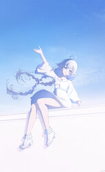  ahoge arm_up blue_eyes blue_hair braid cloud commentary_request dress female highres jewelry long_hair looking_at_viewer mushoku_tensei necklace outdoors roxy_migurdia short_sleeves sitting sky solo twin_braids upskirt very_long_hair wangza white_dress white_footwear wide_sleeves wind 