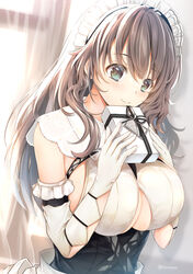  azur_lane box breasts charybdis_(azur_lane) clothing_cutout commentary_request curtains day dress female gift gift_box gloves grey_eyes grey_hair highres holding holding_gift indoors large_breasts long_hair looking_at_viewer maya_(tirolpop) partial_commentary solo underboob underboob_cutout upper_body valentine white_dress white_gloves 