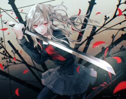  black_pantyhose black_shirt black_skirt braid collarbone commentary danganronpa_(series) danganronpa_2:_goodbye_despair dated female glasses grey_hair hair_ribbon happy_birthday holding holding_sword holding_weapon katana long_hair long_sleeves looking_at_viewer pantyhose pekoyama_peko pleated_skirt ponytail red_eyes red_ribbon ribbon sakuyu school_uniform serafuku shirt skirt solo sword twin_braids weapon white_ribbon 