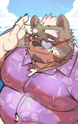  aloha_shirt anthro beach belly clothing eyebrows eyewear heart_sunglasses hi_res lifewonders live_a_hero looking_at_viewer male mammal musclegut muscular pattern_clothing pattern_shirt pattern_topwear pecs procyonid raccoon sea seaside shirt smile smug solo sunglasses thick_eyebrows topwear viscunam water whiskers whitebeast20 