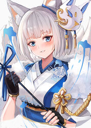  absurdres animal_ears azur_lane bad_id bad_pixiv_id black_gloves blue_eyes blush breasts female fingerless_gloves fox_ears fox_girl fox_mask fox_tail gloves he_c92 highres holding japanese_clothes kaga_(azur_lane) kaga_(white_fox&#039;s_new_year)_(azur_lane) kimono large_breasts looking_at_viewer mask mask_on_head multiple_tails official_alternate_costume photoshop_(medium) short_hair smile tail white_background white_hair white_kimono wide_sleeves 