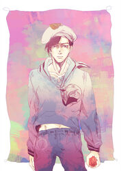  1boy anchor_symbol commentary_request frown gloom_(expression) groin hat jojo_no_kimyou_na_bouken jojolion kira_yoshikage_(jojolion) male_focus mushiba_kooh navel rokakaka sailor sailor_hat solo 