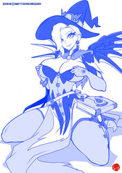  book breasts cleavage elbow_gloves female large_breasts looking_at_viewer mercy_(overwatch) monochrome overwatch thick_thighs witch_hat witchking00 