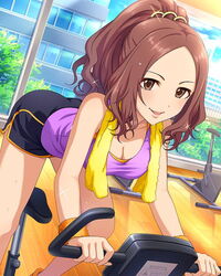  :d artist_request bare_shoulders bent_over black_shorts blush breasts brown_eyes brown_hair cleavage dutch_angle exercise_bike female hair_ornament high_ponytail idolmaster idolmaster_cinderella_girls looking_at_viewer medium_breasts no_legwear official_art open_mouth parted_bangs purple_shirt sawada_marina shirt shorts sleeveless smile solo sweat sweatband tank_top towel towel_around_neck tree window wristband 