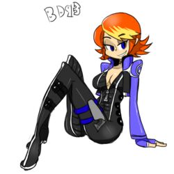  arm_support artist_name bad_deviantart_id bad_id bigdead blonde_hair blue_eyes bodysuit boots breasts buckle catsuit cleavage commentary cropped_jacket eyeshadow female fingerless_gloves flipped_hair from_side full_body gloves grin gun handgun high_heel_boots high_heels holster joanna_dark knees_up large_breasts makeup multicolored_hair no_bra orange_hair perfect_dark perfect_dark_zero short_hair sitting smile solo swept_bangs thigh_holster thigh_strap two-tone_hair unzipped weapon wide_hips zipper 