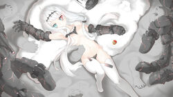  abyssal_ship armor blue_eyes boots breasts c-string cloak commentary_request female hair_ornament heart highres kantai_collection long_hair looking_at_viewer lying mechanical mechanical_arms mechanical_hands medium_breasts midriff navel neo_libra no_bra northern_water_princess on_back order_of_the_red_banner pale_skin panties sidelocks single_mechanical_hand solo strapless_bottom thigh_boots thighhighs underwear very_long_hair white_cloak white_hair white_thighhighs 