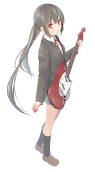  bad_id bad_pixiv_id black_hair buttons female full_body guitar highres instrument k-on! loafers long_hair long_sleeves looking_at_viewer nakano_azusa nnyu photoshop_(medium) plectrum red_eyes revision ribbon sakuragaoka_high_school_uniform school_uniform shoes simple_background skirt smile socks solo twintails 