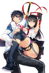  1boy 3: armpits black_footwear black_hair black_legwear boots braid carrying commentary_request female hair_ribbon hida_kizuna highres himekawa_hayuru hisasi looking_at_viewer masou_gakuen_hxh no_panties official_art princess_carry red_ribbon ribbon straight sword thigh_boots thighhighs torn_clothes torn_thighhighs twin_braids weapon 