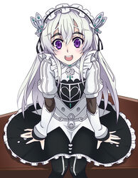  black_pantyhose butterfly_hair_ornament chaika_trabant commentary_request dress female frills hair_ornament hairband hitsugi_no_chaika lolita_hairband long_hair open_mouth pantyhose purple_eyes seven_(11) smile solo thick_eyebrows white_hair 