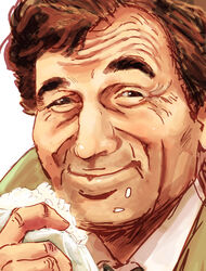  1boy bad_id bad_pixiv_id brown_hair columbo commentary_request curly_hair eating food food_on_face furrowed_brow highres lafolie lieutenant_columbo male_focus onigiri rice rice_on_face simple_background smile solo 