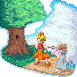  2girls alternate_costume animal_ears black_hair blonde_hair bug bug_hunting commentary_request dress grey_eyes grey_hair hair_ornament hand_net hat kisasage_kouta mouse_(animal) mouse_ears mouse_tail multicolored_hair multiple_girls nazrin pixel_art short_hair skirt sundress tail toramaru_shou touhou tree two-tone_hair yellow_eyes 