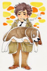  1boy :3 animal bad_id bad_pixiv_id canine cigar coat columbo dog_(columbo) holding holding_animal lieutenant_columbo looking_at_viewer male_focus necktie nekotariko simple_background smile smoking solo 