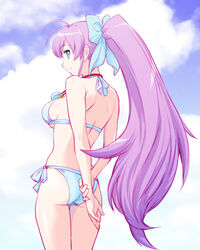  antenna_hair arms_behind_back ass bare_shoulders bikini blue_eyes breasts cloud commentary_request day female flat_ass jewelry large_breasts long_hair looking_back necklace ponytail purple_hair ryuugajou_nanana ryuugajou_nanana_no_maizoukin side-tie_bikini_bottom sky smile solo standing strap_gap swimsuit thigh_gap ueyama_michirou very_long_hair 