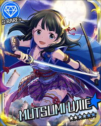  black_hair blue_eyes breasts card_(medium) character_name cleavage crescent crescent_hair_ornament earrings female full_moon gem_(symbol) hair_ornament idolmaster idolmaster_cinderella_girls jewelry katana medium_breasts moon official_art pleated_skirt purple_skirt short_hair skirt sleeveless smile solo sword thighhighs ujiie_mutsumi weapon zettai_ryouiki 