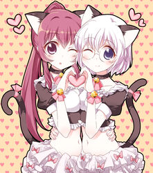  2girls animal_ears bell blue_eyes cat_ears cat_tail collar commentary_request glasses hair_intakes heart heart_hands heart_hands_duo ikeda_chitose maid midriff multiple_girls navel neck_bell one-armed_hug one_eye_closed parted_lips photoshop_(medium) ponytail purple_eyes purple_hair ribbon silver_hair smile sugiura_ayano tail tail_ornament tail_ribbon yukari_yukke yuru_yuri 