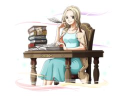  black_eyes blonde_hair blue_dress bodskih book collarbone commentary dress english_commentary female holding kaya_(one_piece) one_piece one_piece_treasure_cruise open_book short_hair simple_background sitting sleeveless sleeveless_dress smile solo sundress transparent_background 