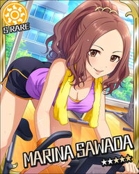  :d artist_request bare_shoulders bent_over black_shorts blush breasts brown_eyes brown_hair character_name cleavage dutch_angle exercise_bike female hair_ornament high_ponytail idolmaster idolmaster_cinderella_girls looking_at_viewer medium_breasts no_legwear official_art open_mouth parted_bangs purple_shirt sawada_marina shirt shorts sleeveless smile solo star_(symbol) sun_symbol sweat sweatband tank_top towel towel_around_neck tree window wristband 