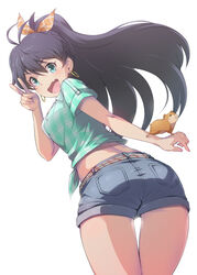  ass black_hair blue_eyes bow commentary_request denim denim_shorts earrings female front-tie_top ganaha_hibiki grey_shorts hairbow hamster hamuzou idolmaster idolmaster_(classic) jewelry long_hair looking_back midriff mikel_(4hands) oerba_yun_fang ponytail shirt short_shorts shorts smile solo string_belt thigh_gap tied_shirt v 