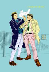  2boys absurdres chain-link_fence cigar cigarette columbo commentary_request fence formal hand_in_pocket highres lieutenant_columbo multiple_boys paperclip_people raincoat simple_background smoking standing suit yellow_raincoat 