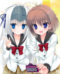  2girls ahoge blue_eyes brown_hair camera eucliwood_hellscythe haruna_(kore_wa_zombie_desu_ka?) highres kore_wa_zombie_desu_ka? multiple_girls purple_eyes ribbon short_hair v 