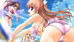  4girls ass bekkankou bent_over bikini bikini_skirt blue_eyes brown_hair closed_eyes daitoshokan_no_hitsujikai day front-tie_top game_cg hair_ribbon lens_flare long_hair misono_senri motion_blur multiple_girls open_mouth outdoors own_hands_together palms_together ponytail ribbon sakuraba_tamamo shirasaki_tsugumi side-tie_bikini_bottom smile suzuki_kana swimsuit v_arms volleyball volleyball_net 