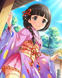  architecture artist_request blush braid brown_hair cloud day dutch_angle east_asian_architecture female from_below hair_over_shoulder idolmaster idolmaster_cinderella_girls japanese_clothes jpeg_artifacts kimono official_art pink_kimono sky smile solo source_request stone_lantern thighhighs tree ujiie_mutsumi 