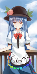  absurdres anhao arms_at_sides bad_id bad_pixiv_id black_hat blue_hair blue_skirt blue_sky blunt_bangs bow bowtie brown_eyes buttons closed_mouth cloud cloudy_sky collared_shirt cowboy_shot day eyebrows female food fruit hat hat_leaf highres hinanawi_tenshi long_hair looking_at_viewer peach photoshop_(medium) puffy_short_sleeves puffy_sleeves railing rainbow_order red_bow red_bowtie shirt short_sleeves signature skirt sky smile solo touhou wing_collar 