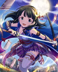  black_hair blue_eyes breasts cleavage crescent crescent_hair_ornament earrings female full_moon hair_ornament idolmaster idolmaster_cinderella_girls jewelry katana medium_breasts moon official_art pleated_skirt purple_skirt short_hair skirt sleeveless smile solo sword thighhighs ujiie_mutsumi weapon zettai_ryouiki 