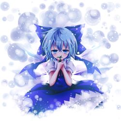  bad_id bad_pixiv_id blue_bow blue_dress blue_eyes blue_hair bow cirno commentary_request covering_own_mouth dress female flower hairbow holding holding_flower ice ice_wings kuroyume_(dark495) looking_at_viewer metadata_pun puffy_short_sleeves puffy_sleeves shirt short_sleeves smelling_flower snowbell_(flower) snowdrop_(flower) snowing solo touhou white_flower wings 