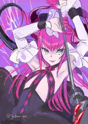  :d absurdres armpits arms_up blue_eyes commentary_request detached_sleeves elizabeth_bathory_(fate) elizabeth_bathory_(fate/extra_ccc) elizabeth_bathory_(first_ascension)_(fate) fate/extra fate/extra_ccc fate_(series) female flat_chest g_bow_wow highres holding holding_weapon long_hair looking_at_viewer open_mouth protected_link purple_hair sarkany_csont_landzsa smile solo tail tail_raised weapon 