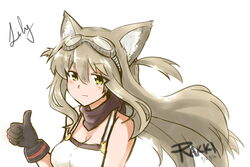  animal_ears artist_name bare_shoulders breasts brown_hair character_name cleavage commentary_request female fox_ears gloves goggles green_eyes highres large_breasts lily_the_mechanic long_hair lost_pause original pout rakki solo 