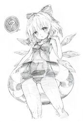  ? alternate_costume armpits blush bow cirno colored_pencil_(medium) female floater graphite_(medium) hair_ornament hairbow highres ice ice_wings looking_at_viewer monochrome open_mouth oshake pencil_crayon_(medium) short_hair simple_background solo swimsuit touhou traditional_media white_background wings 