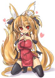  animal_ears black_thighhighs blonde_hair breasts breasts_squeezed_together brown_eyes china_dress chinese_clothes commentary_request dragon_print dress female finger_to_mouth fox_ears fox_tail hair_ribbon heart kneeling kuu_(endou_chihiro) large_breasts long_hair original red_dress ribbon sasamashin short_dress side_slit smile solo tail thighhighs twintails very_long_hair zettai_ryouiki 