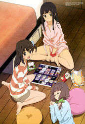  3girls :d :o absurdres bare_legs barefoot black_eyes black_hair blush bottomless brown_eyes card card_game chips_(food) closed_eyes feet food friends glasses hair_ornament highres indian_style kominato_ruuko kurebayashi_yuzuki legs lying megami_magazine multiple_girls non-web_source official_art on_floor open_mouth pillow pocky potato_chips sakai_kyuuta scan scrunchie selector_wixoss shirt sitting sleeping smile striped toes uemura_hitoe wariza wixoss 