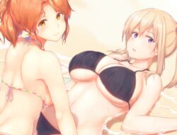  2girls aquila_(kancolle) beach bikini black_bikini blonde_hair blush breasts brown_eyes cleavage closed_mouth commentary_request flag_print from_behind graf_zeppelin_(kancolle) italian_flag italian_flag_bikini kantai_collection large_breasts long_hair looking_at_viewer looking_back lying medium_breasts multiple_girls on_back open_mouth osterei ponytail print_bikini purple_eyes red_hair side-tie_bikini_bottom sideboob sidelocks skindentation smile swimsuit twintails underboob 