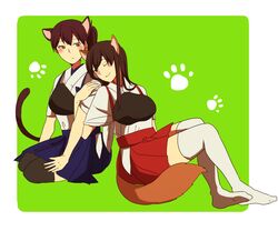  2girls akagi_(kancolle) animal_ears brown_eyes brown_hair commentary japanese_clothes kaga_(kancolle) kantai_collection long_hair multiple_girls muneate one_eye_closed side_ponytail sitting smile tail yuzuki_(rinka01) 