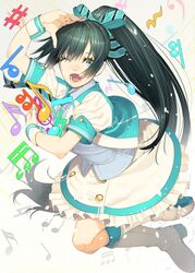  ;d aqua_eyes bass_clef beamed_eighth_notes beamed_sixteenth_notes black_hair boots bow buttons commentary_request double-breasted dress eighth_note eighth_rest fading female flat_sign ganaha_hibiki hair_ribbon hairbow idol idolmaster idolmaster_(classic) long_hair looking_at_viewer musical_note nail_polish natural_sign necktie oerba_yun_fang ogino_(oginogino) one_eye_closed open_mouth partial_commentary ponytail puffy_short_sleeves puffy_sleeves quarter_note quarter_rest ribbon sharp_sign short_sleeves sixteenth_note sixteenth_rest sleeve_cuffs smile solo treble_clef 