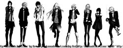  bad_id bad_pixiv_id belphegor_(reborn) bianchi breasts chrome_dokuro dino_(reborn) formal greyscale katekyo_hitman_reborn! long_hair monochrome multiple_boys multiple_girls pantyhose rido_(ridograph) rokudou_mukuro short_hair smile suit superbi_squalo 