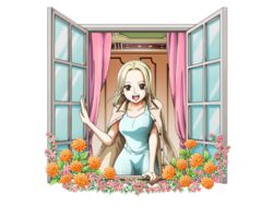  :d black_eyes blonde_hair blue_dress bodskih collarbone commentary dress english_commentary female flower kaya_(one_piece) looking_at_viewer one_piece one_piece_treasure_cruise open_mouth orange_flower pink_flower short_hair simple_background sleeveless sleeveless_dress smile solo standing sundress transparent_background window 