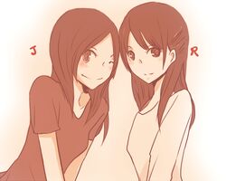  2girls ^_^ bad_id bad_pixiv_id black_hair blush brown_hair closed_eyes couple cover cover_page happy long_hair matsui_jurina matsui_rena multiple_girls munta_(48) one_eye_closed shirt ske48 smile yuri 