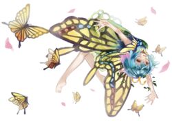  antennae bare_arms bare_legs barefoot blue_hair brown_eyes bug butterfly butterfly_wings commentary_request dress eternity_larva female full_body green_dress hair_ornament highres insect_wings leaf_hair_ornament looking_at_viewer open_mouth outstretched_arms short_dress short_hair simple_background smile solo touhou white_background wings yellow_wings zhu_xiang 