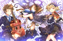  1boy 2girls :3 :d ;) asada_sadao bad_id bad_pixiv_id beamed_eighth_notes blue_necktie bow_(music) brown_eyes brown_hair capelet cello djeeta_(granblue_fantasy) eighth_note elbow_gloves formal gloves gran_(granblue_fantasy) granblue_fantasy green_eyes grin hairband highres instrument long_hair looking_at_viewer multiple_girls musical_note necktie novei_(granblue_fantasy) one_eye_closed open_mouth smile staff_(music) suit viola_(instrument) violin vyrn_(granblue_fantasy) wrist_cuffs 