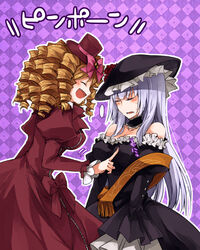  bow breast_poke breasts gaap hat hime_cut large_breasts long_hair medium_breasts mini_hat mini_top_hat multiple_girls pink_bow poking suzushiro_kurumi top_hat translated umineko_no_naku_koro_ni virgilia 