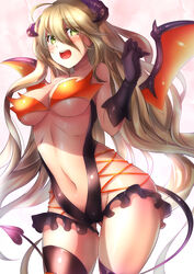  :d ass_visible_through_thighs blonde_hair breasts bridal_garter collarbone commentary_request demon_girl demon_tail demon_wings dies_irae female frills gloves green_eyes hatori_mia highres horns long_hair marie_(dies_irae) medium_breasts open_mouth scar scar_on_neck shinza_bansho_series simple_background smile solo tail thighhighs white_background wings 