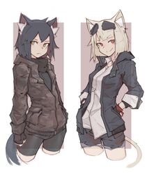  2girls animal_ears bike_shorts black_gloves black_hair black_shirt black_shorts blonde_hair blue_jacket blue_shorts brown_scarf camouflage camouflage_hoodie camouflage_shorts cat_ears cat_girl cat_tail commentary_request cropped_legs deel_(rkeg) denim denim_shorts dress_shirt ear_piercing eyewear_on_head fingerless_gloves frown gloves hands_in_pockets hood hoodie jacket lisa_(deel) multiple_girls open_clothes open_jacket original piercing ramn red_eyes scarf shirt short_hair shorts sleeve_cuffs smile sunglasses tail undershirt white_shirt wristband yellow_eyes 