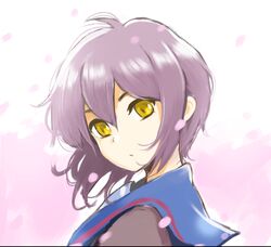  :o ahoge bad_id bad_pixiv_id blue_sailor_collar brown_cardigan cardigan female hair_between_eyes isshiki_tarou kita_high_school_uniform looking_at_viewer looking_back nagato_yuki parted_lips petals pink_background purple_hair sailor_collar school_uniform serafuku short_hair simple_background solo suzumiya_haruhi_no_yuuutsu upper_body winter_uniform yellow_eyes 